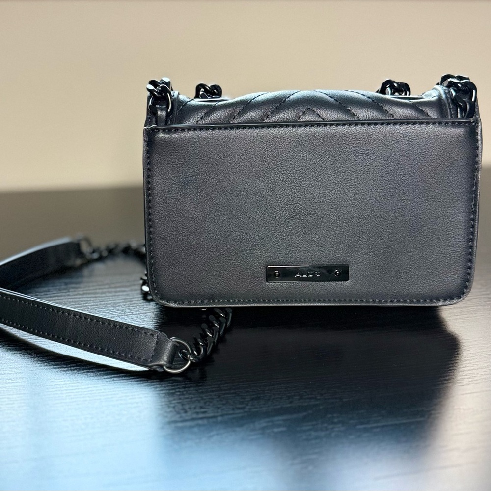 ALDO Black Quilted Chevron Crossbody Bag Matte Black Chain Strap - Picture 15 of 15